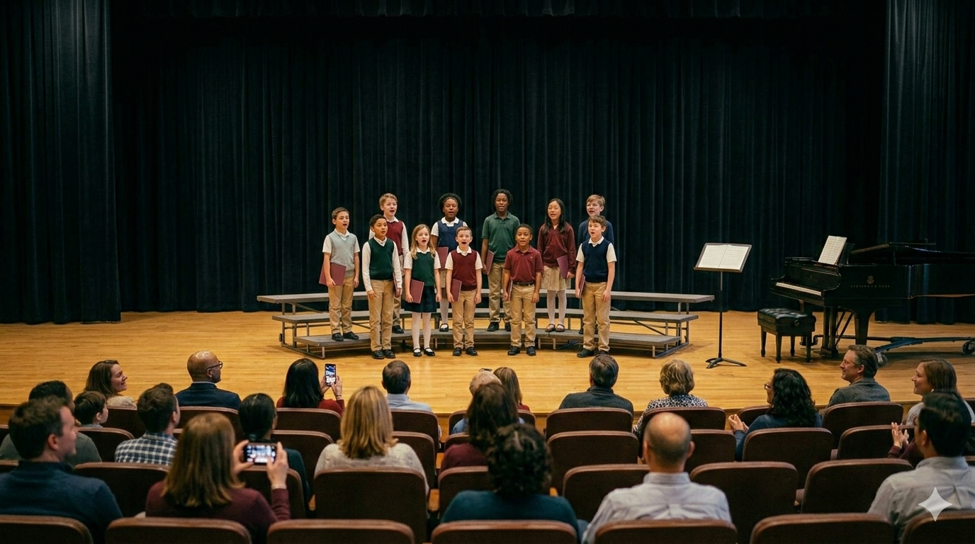 A children's choir performing on stage at a school or community event, with an audience watching and taking photos.