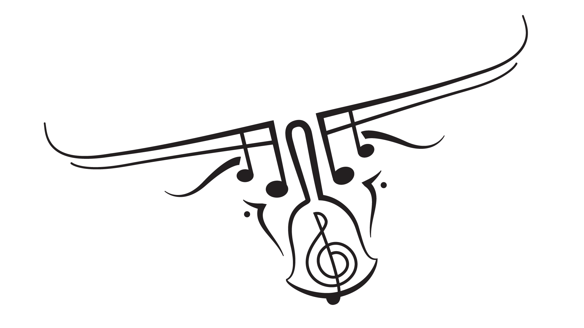 Black and white illustration of a stylized violin with musical notes emerging from it, designed with flowing lines.