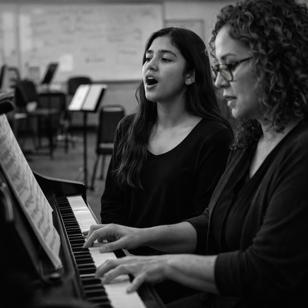 Two women, one young and one older, singing and playing the piano together in a music classroom.