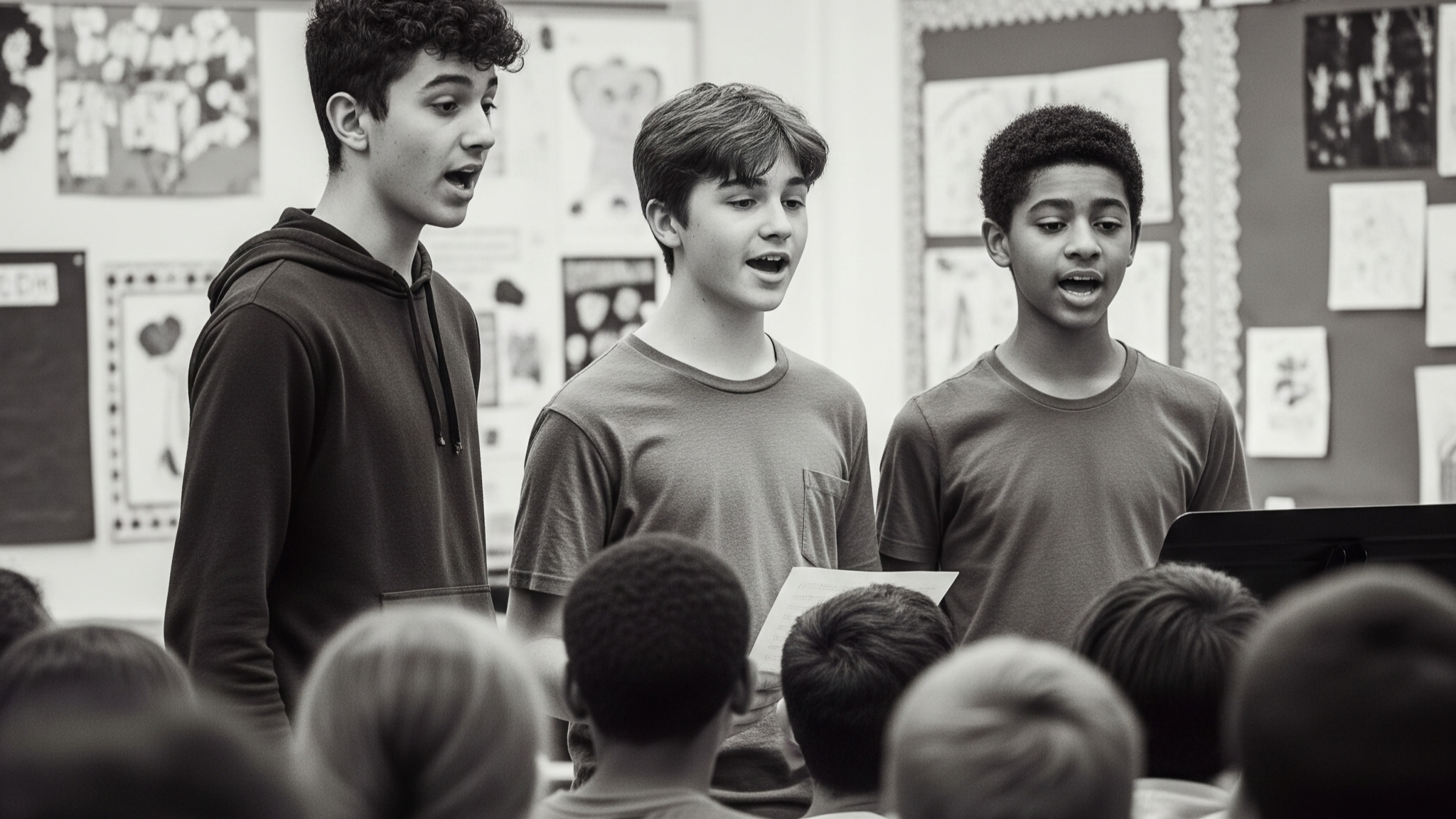 Three boys singing in a classroom to an audience of children, with artwork on the walls behind them.
