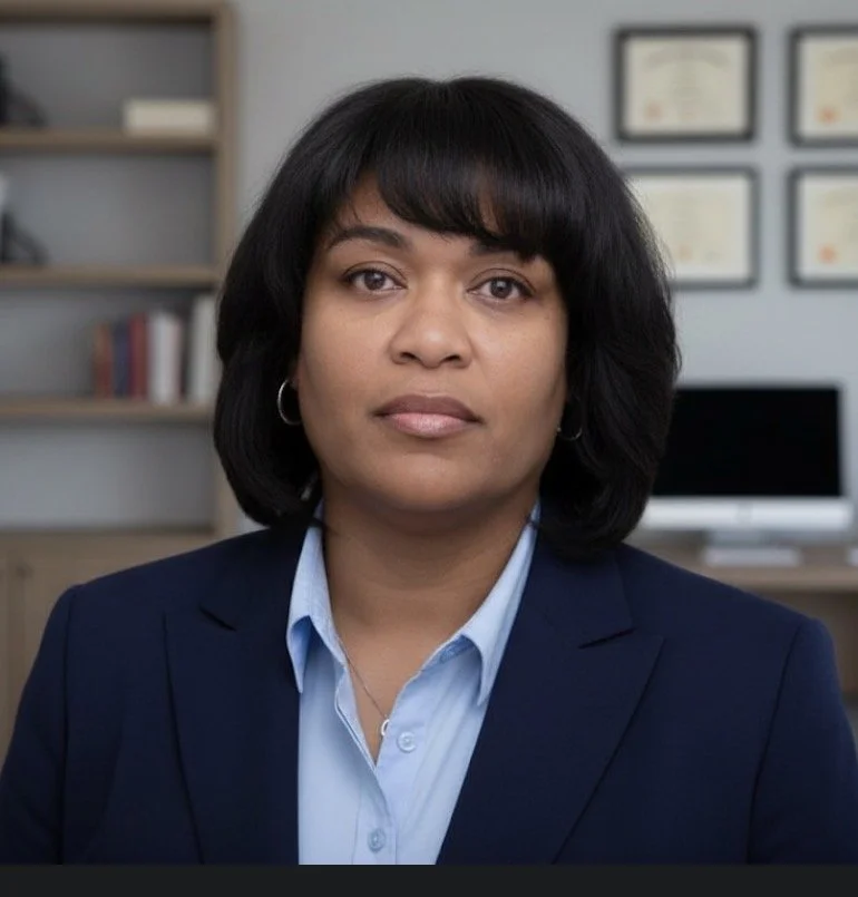 A professional woman with dark hair and wearing a navy blazer and light blue shirt, sitting in an office with framed certificates on the wall behind her.