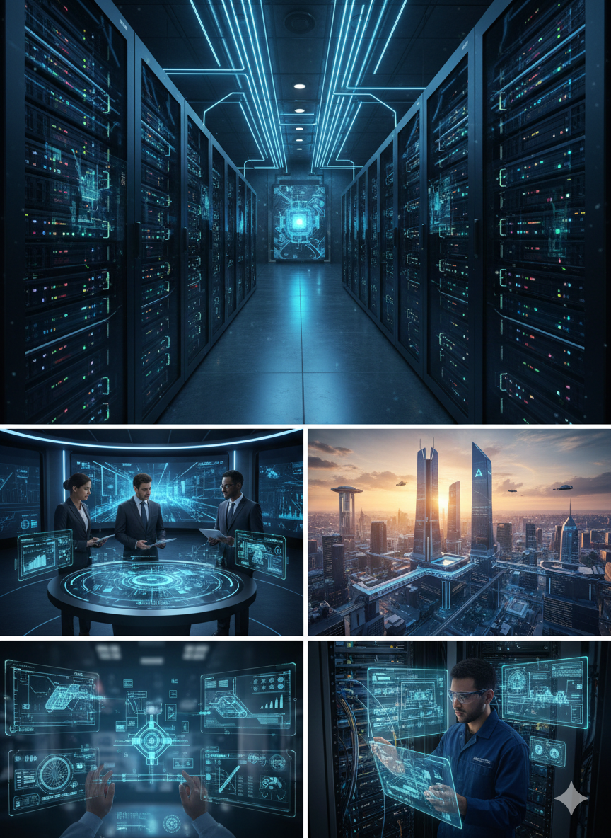 A collage of five images: an empty server room with blue lights, three people in business attire discussing technology with holographic displays in a high-tech control room, a city skyline at sunset with futuristic skyscrapers, a close-up of a holographic touchscreen interface with graphs and charts, and a technician working on servers with a transparent digital interface.