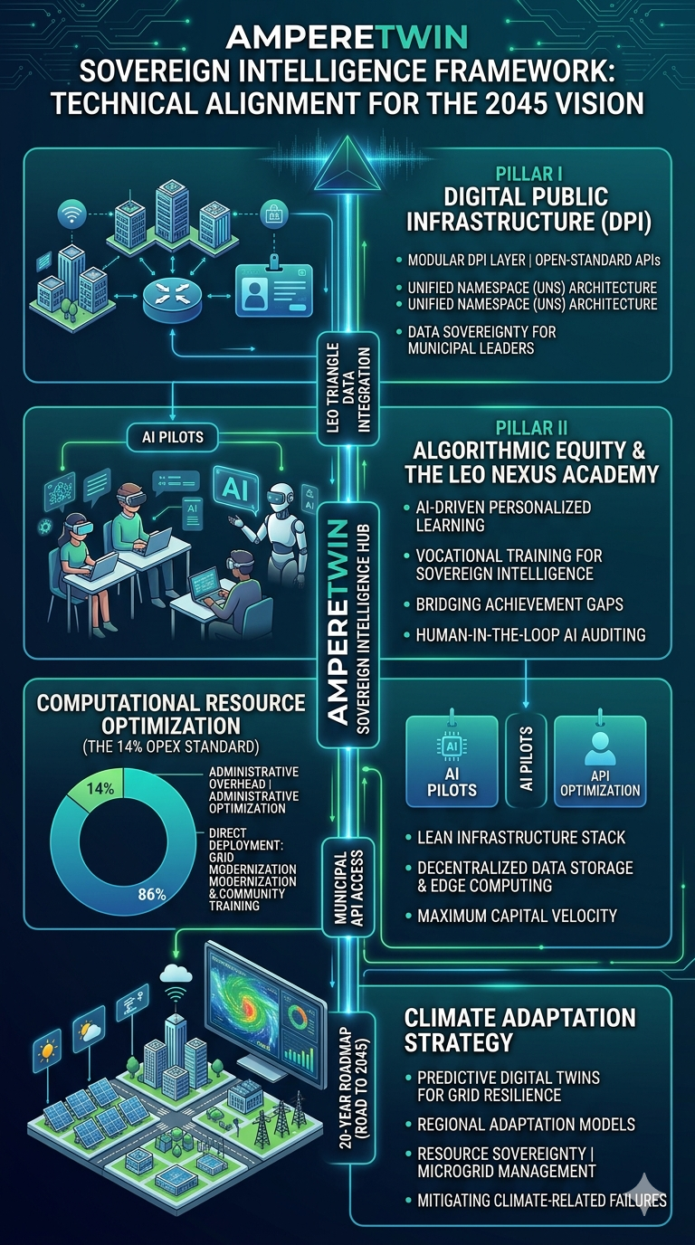 Infographic outlining AmplifyTwin's sovereign intelligence framework for 2045, including pillars like digital public infrastructure, algorithmic equity, computational resource optimization, and climate adaptation strategy.