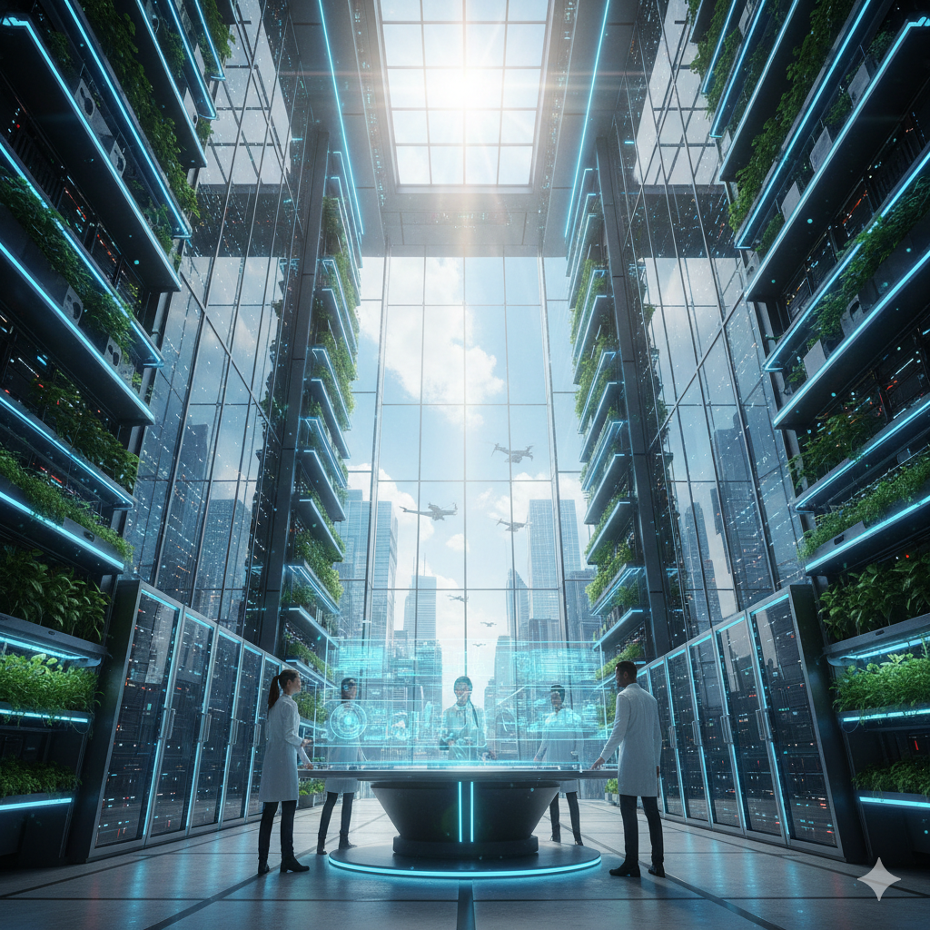 Futuristic data center with glass walls, green plant racks, and a group of scientists or engineers in lab coats working around a high-tech table, with city skyline and airplanes visible through the glass ceiling.