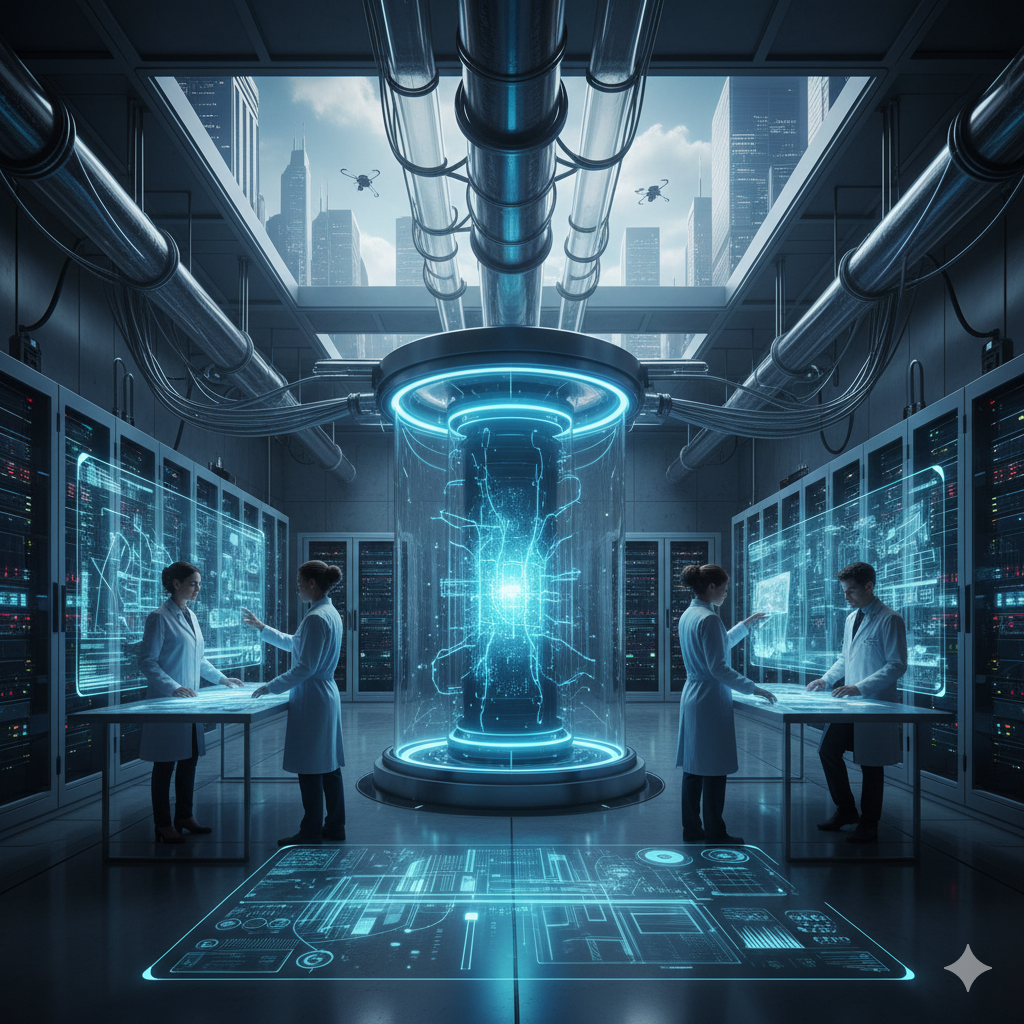 Scientists in a high-tech laboratory with holographic screens, futuristic equipment, and a large cylindrical machine with blue lightning inside, with city skyscrapers and flying drones visible through a large window.