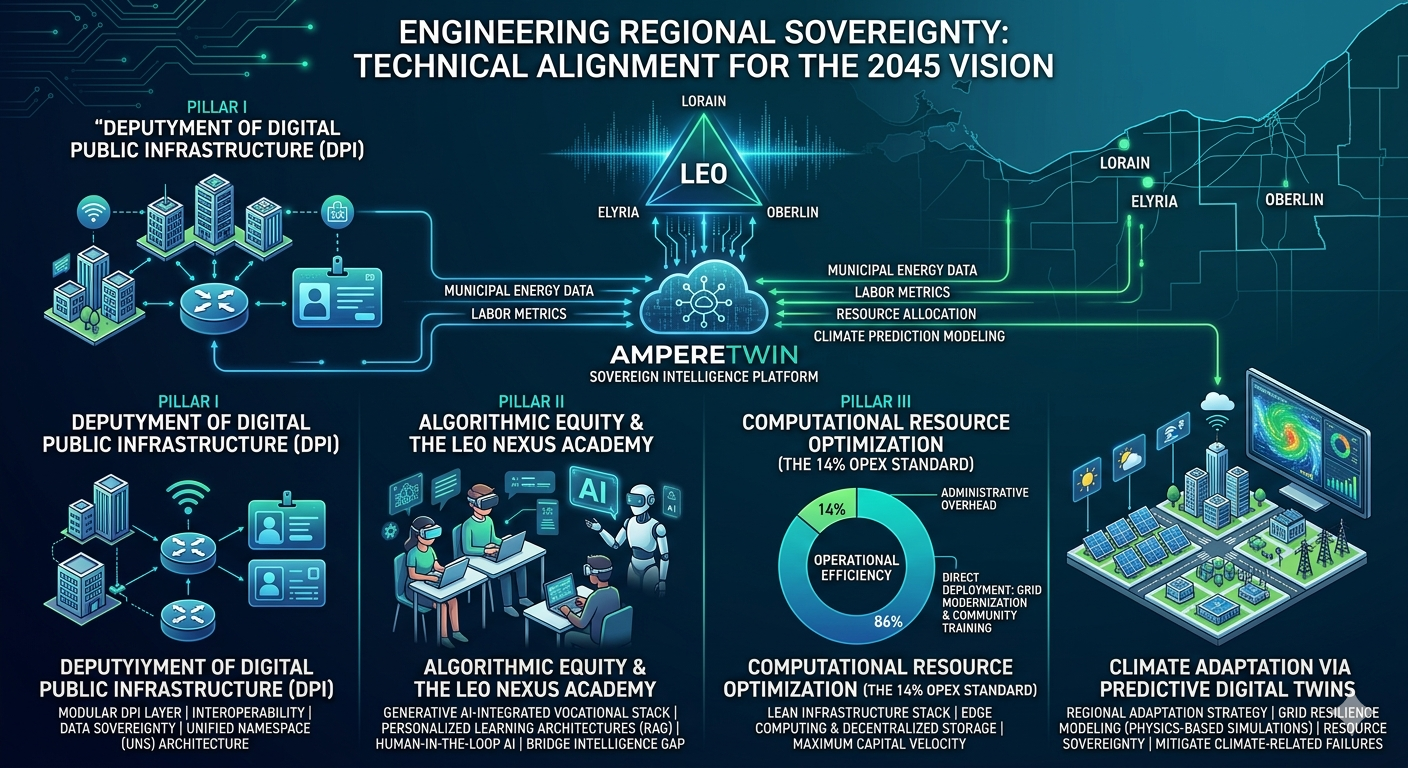 Diagram titled 'Engineering Regional Sovereignty: Technical Alignment for the 2045 Vision' showing a digital network infrastructure with three pillars, a sovereignty platform, and a regional map. Pillar 1 discusses digital public infrastructure deployment, Pillar 2 covers algorithmic equity and the LEO Nexus Academy, Pillar 3 focuses on computational resource optimization, and the region is linked through data flows to a sovereign intelligence platform called AMPERE TWIN.