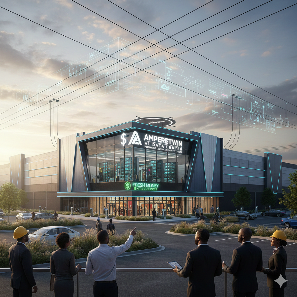 A modern building labeled 'Amperetwin AI Data Center' with digital holograms displayed above it, and a group of people in professional attire, some wearing safety helmets, standing outside and looking at the building.