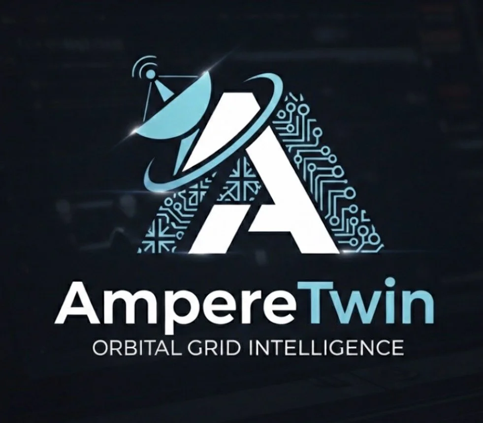 Logo for AmpereTwins Orbital Grid Intelligence, with a stylized letter A, satellite dish, and circuit patterns.