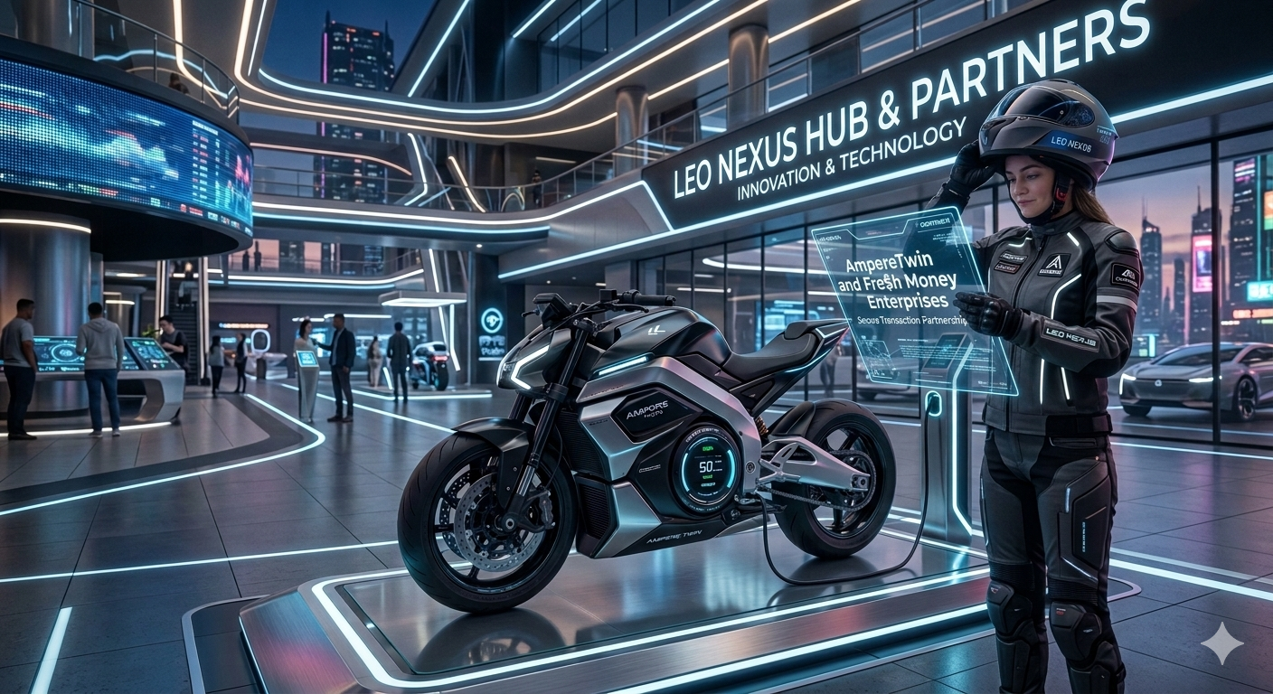 A woman in a futuristic showroom with neon lights, wearing a motorcycle helmet and riding gear, standing beside an electric motorcycle on display, with large screens and digital displays in the background.