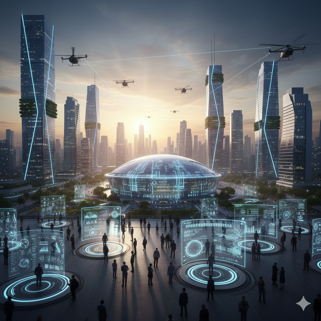 Futuristic cityscape at sunset with tall modern skyscrapers featuring blue neon accents, flying drones or helicopters, and holographic displays with people viewing digital interfaces in an open plaza.