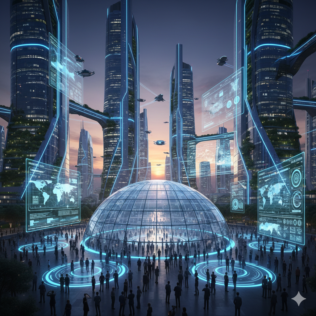 Futuristic city skyline with tall skyscrapers, flying vehicles, and holographic digital displays around a dome-shaped structure, with many people gathered below during sunset.