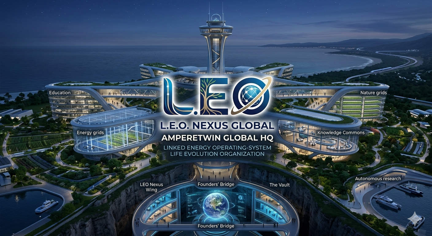 A futuristic space-themed complex by the ocean with labeled sections including education, energy grids, nature grids, knowledge commons, autonomous research, and a central tower, featuring bridges, a globe display, and a cityscape in the night sky.