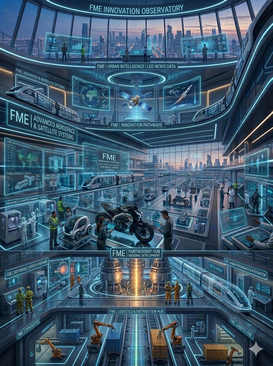 Futuristic high-tech facility named 'FME Innovation Observatory' with multiple levels showcasing advanced aerospace, satellite systems, urban intelligence, and logistics, with scientists, engineers, and robots working on various innovations.