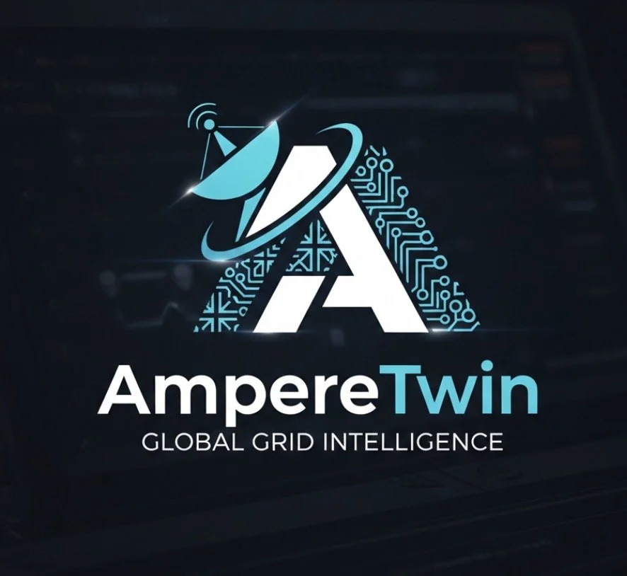Logo for Ampere Twin with the text: Ampere Twin, Global Grid Intelligence, featuring a stylized 'A' with a satellite dish and circuit pattern in blue and white.