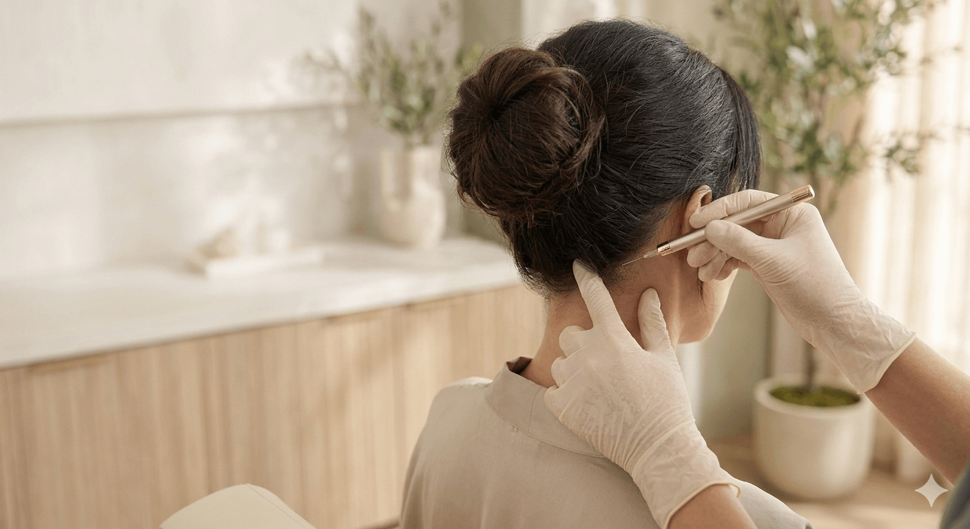 A woman receives nerve block injections for migraine