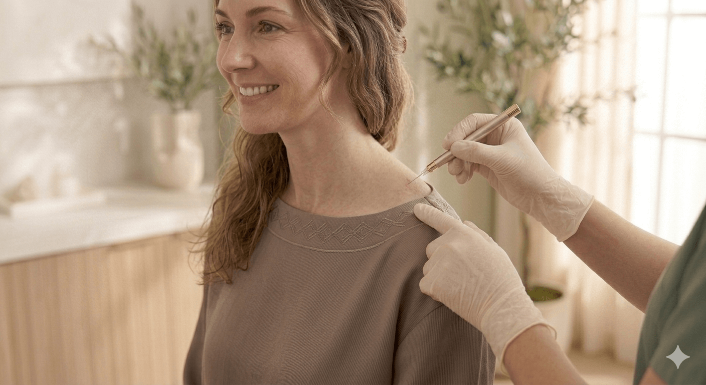A woman receives trigger point injections for migraine