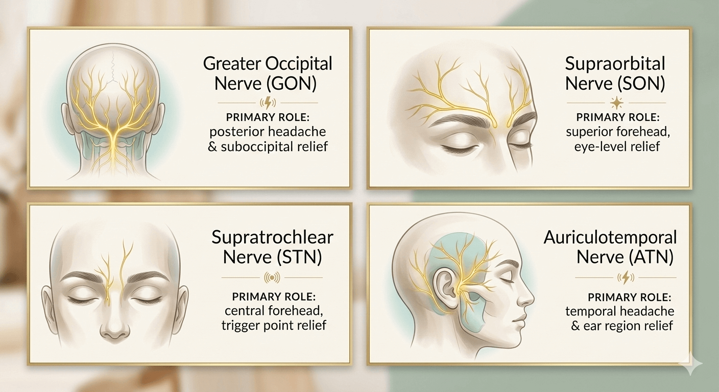 Diagram showing four nerve zones on the human head for nerve blocks