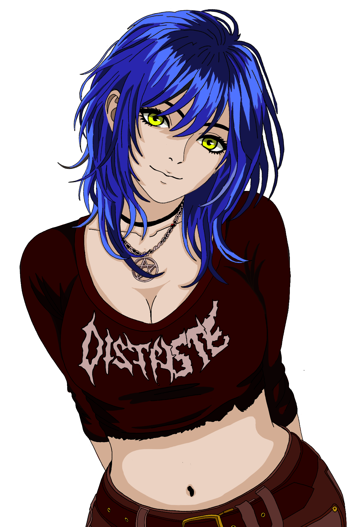 Anime-style girl with blue hair, yellow-green eyes, wearing a burgundy shirt with the word "DISTASTE" written in a gothic font, showing cleavage, layered necklaces, and brown pants.