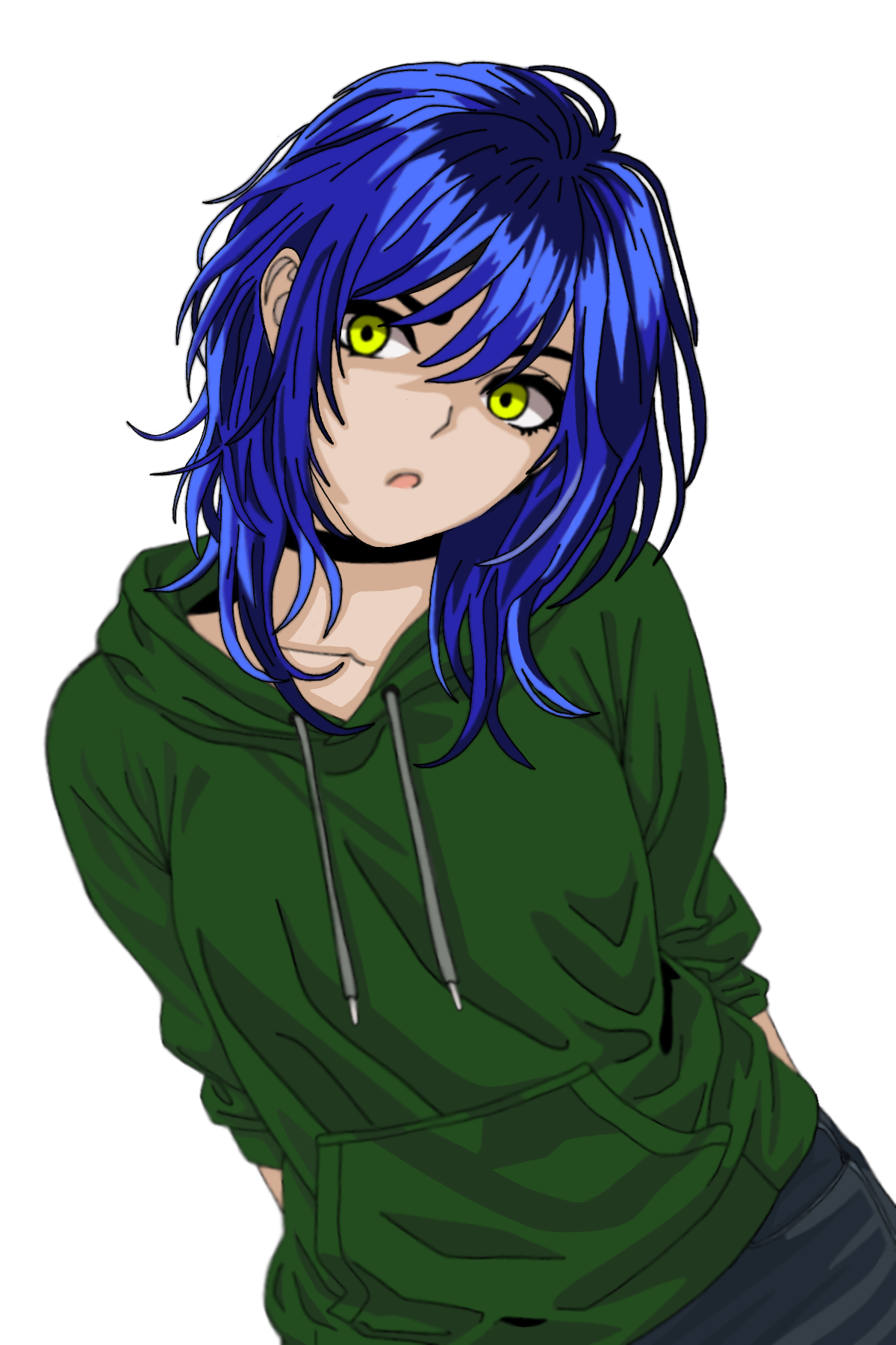 Anime-style girl with blue hair, yellow eyes, wearing a green hoodie with hands in pockets, against a black background.