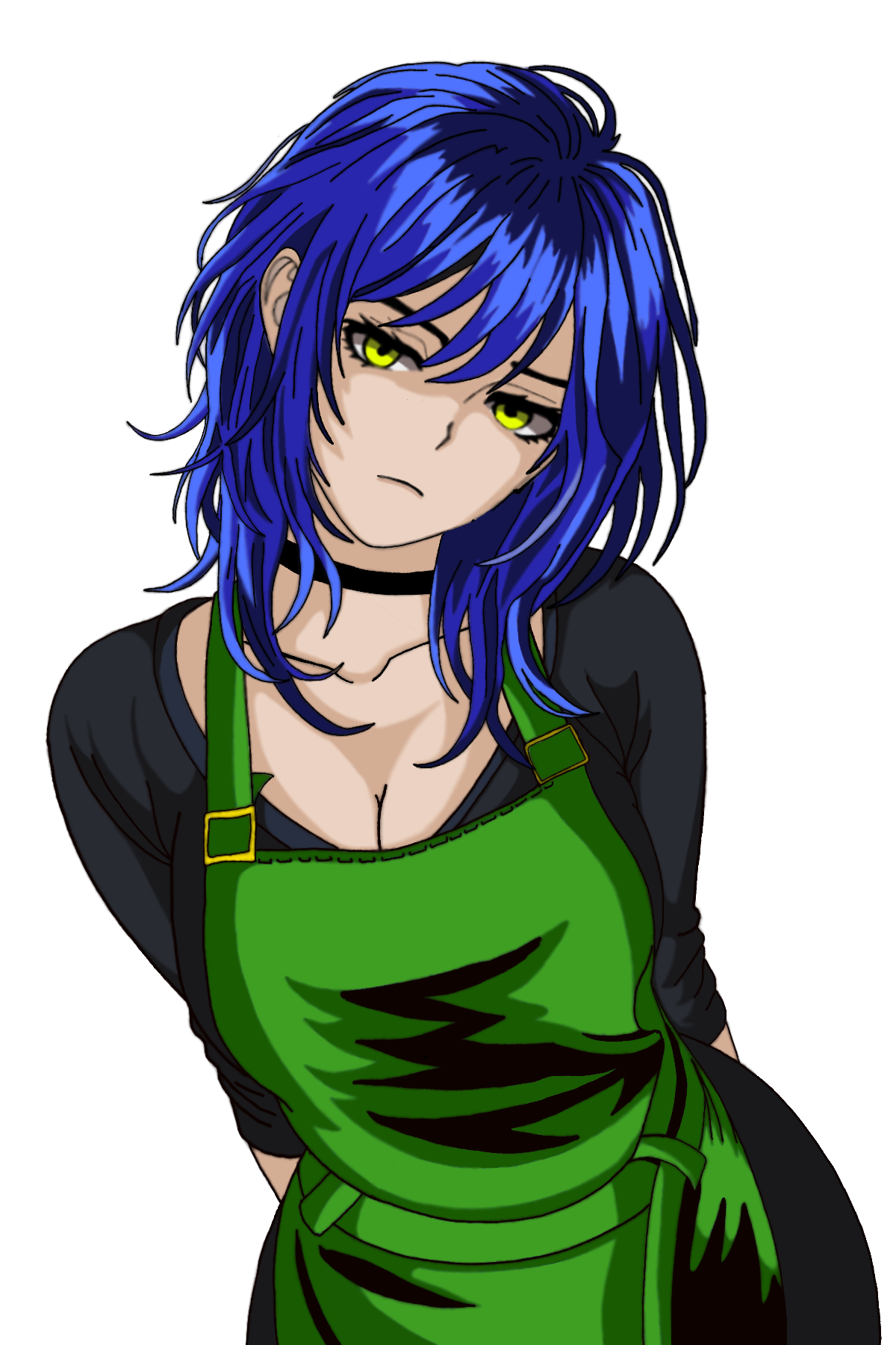 Anime-style character with blue hair, yellow eyes, black choker, black top, and green apron, against a black background.