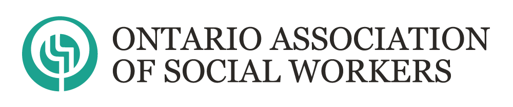 Logo of the Ontario Association of Social Workers featuring a teal circle with a stylized social worker symbol, next to the black text 'Ontario Association of Social Workers'.