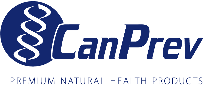 Logo for CanPrev, a company that sells premium natural health products, featuring a stylized caduceus symbol with a DNA strand and the text "CanPrev" in blue.