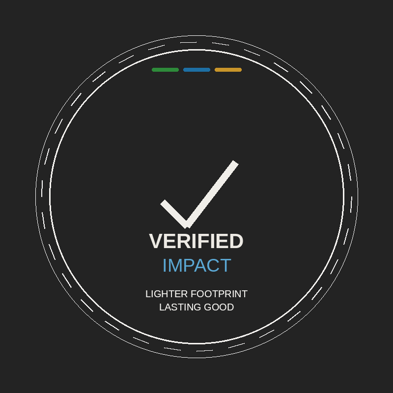 A circular graphic with labels indicating verification status, impact, and environmental benefits, featuring a checkmark and words like 'Verified,' 'Impact,' 'Lighter Footprint,' and 'Lasting Good' on a dark background.
