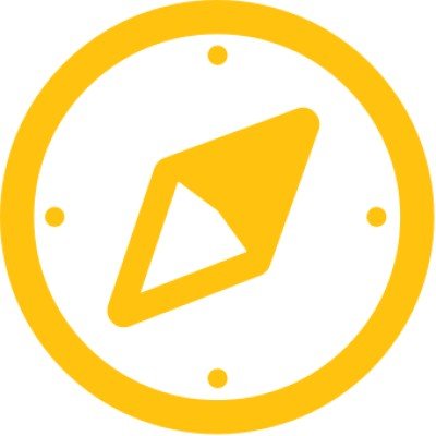 A yellow compass icon with a simplified design, featuring a diamond-shaped needle and small markers for directions.