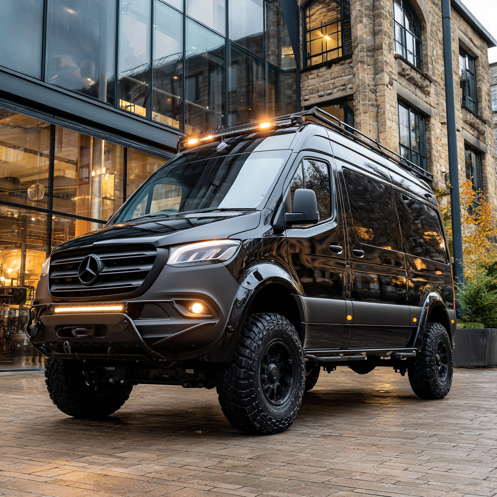 Un véhicule utilitaire noir Mercedes-Benz devant un bâtiment en pierre avec de grandes fenêtres en verre.