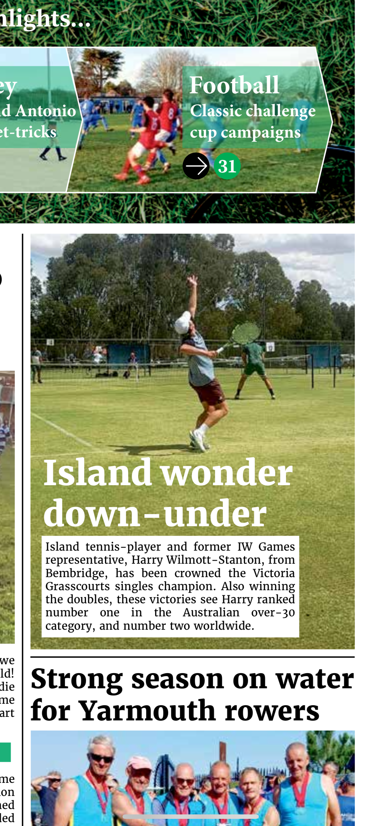 A newspaper page with images of people playing tennis and football, and a group of rowers wearing medals.