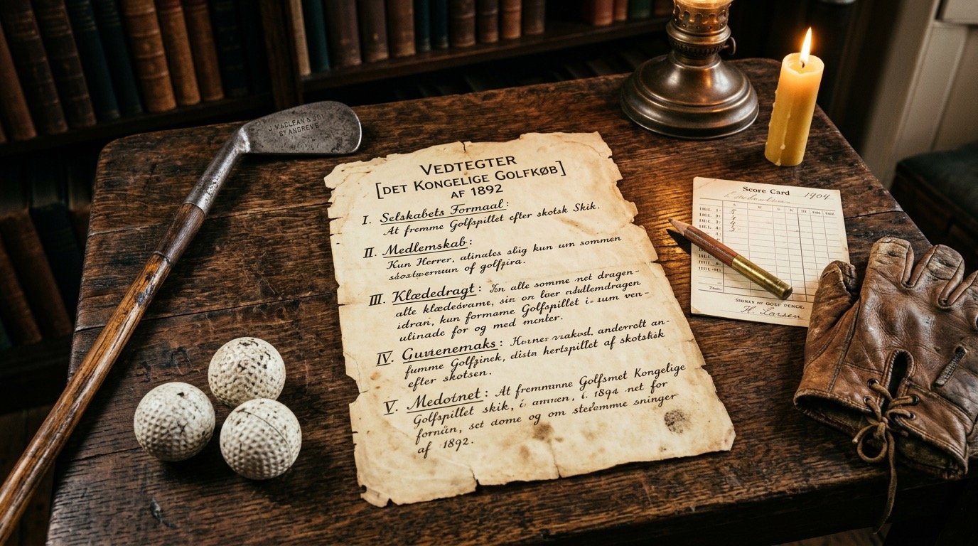 A wooden desk with vintage golf items, a lit candle, a glove, a scorecard, and an old handwritten document related to golf from 1892.