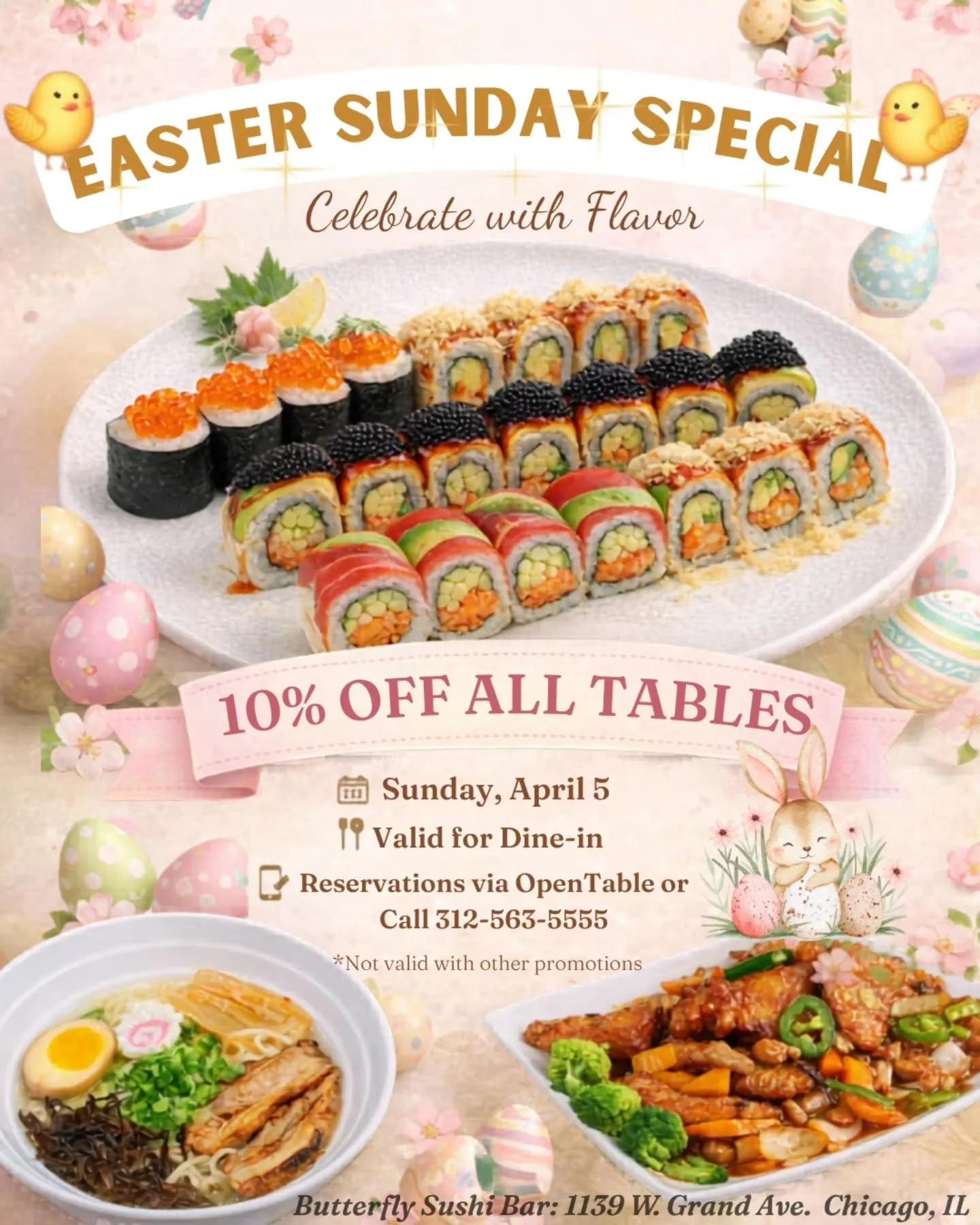 Easter Sunday just got a whole lot tastier 🐣✨

Fresh sushi. Comfort ramen. Bold Thai flavors. All in one table.

Enjoy 10% OFF your dine-in experience this Sunday only &mdash; because great food is meant to be celebrated 🥢💛

👉 Reserve now on Open