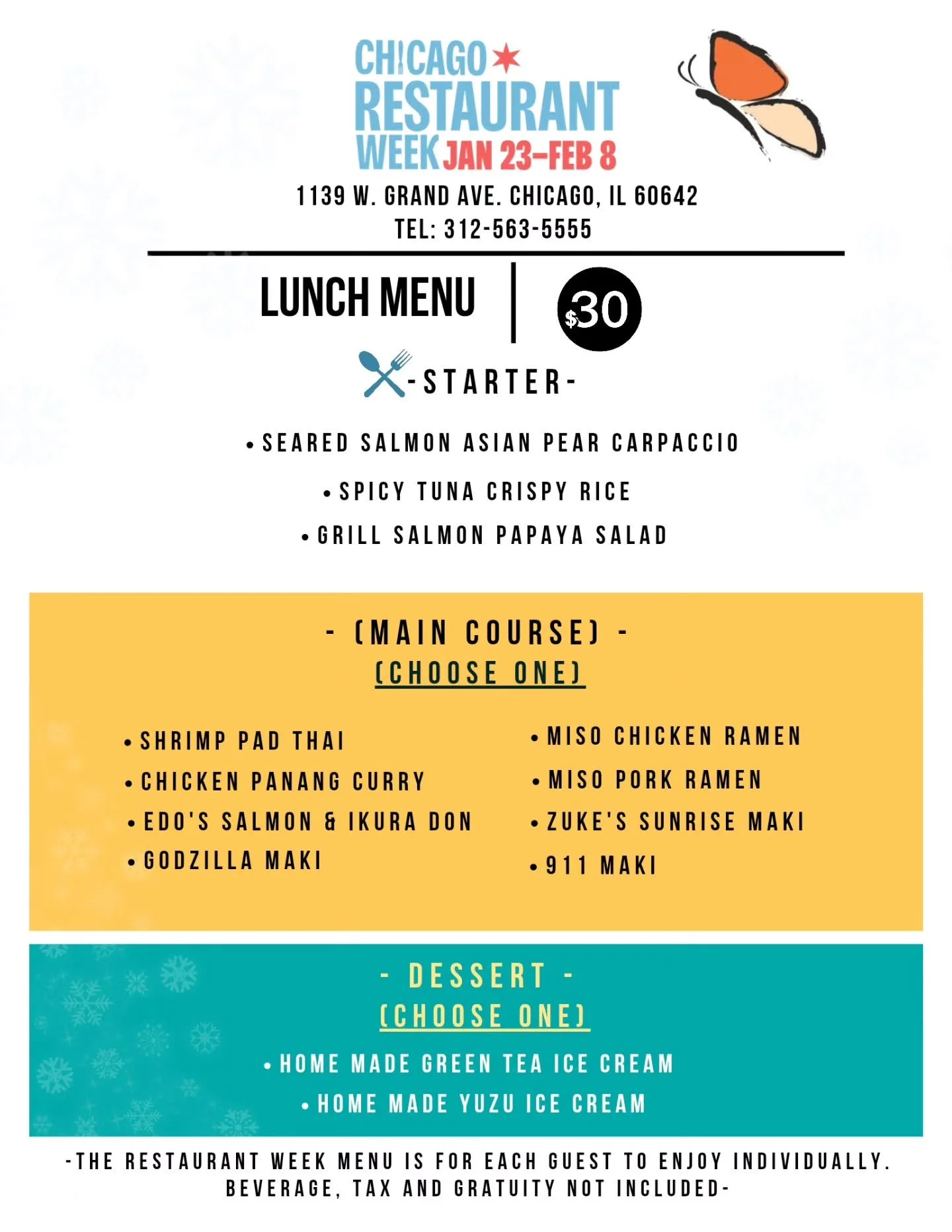 ✨ Chicago Restaurant Week is here! ✨
Join us at Butterfly Sushi Bar and experience a menu we specially curated just for this season.

For this limited time, we&rsquo;ve brought together brand-new creations you won&rsquo;t find on our regular menu, al