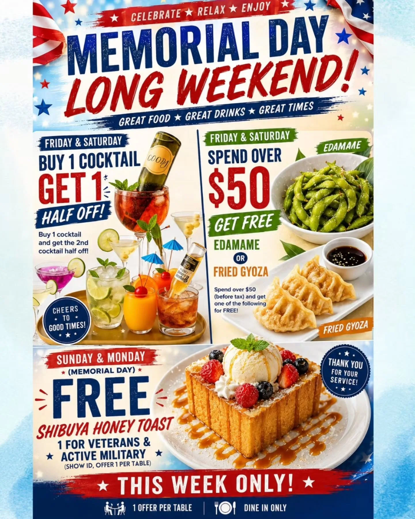 🇺🇸✨ Memorial Day Long Weekend Specials Are Here! ✨🍸

Celebrate the long weekend with delicious cocktails, tasty bites, and sweet treats at Butterfly Sushi Bar &amp; Thai Cuisine! 🎉

🍹 Friday &amp; Saturday
Buy 1 Cocktail, Get the 2nd Half Off

?