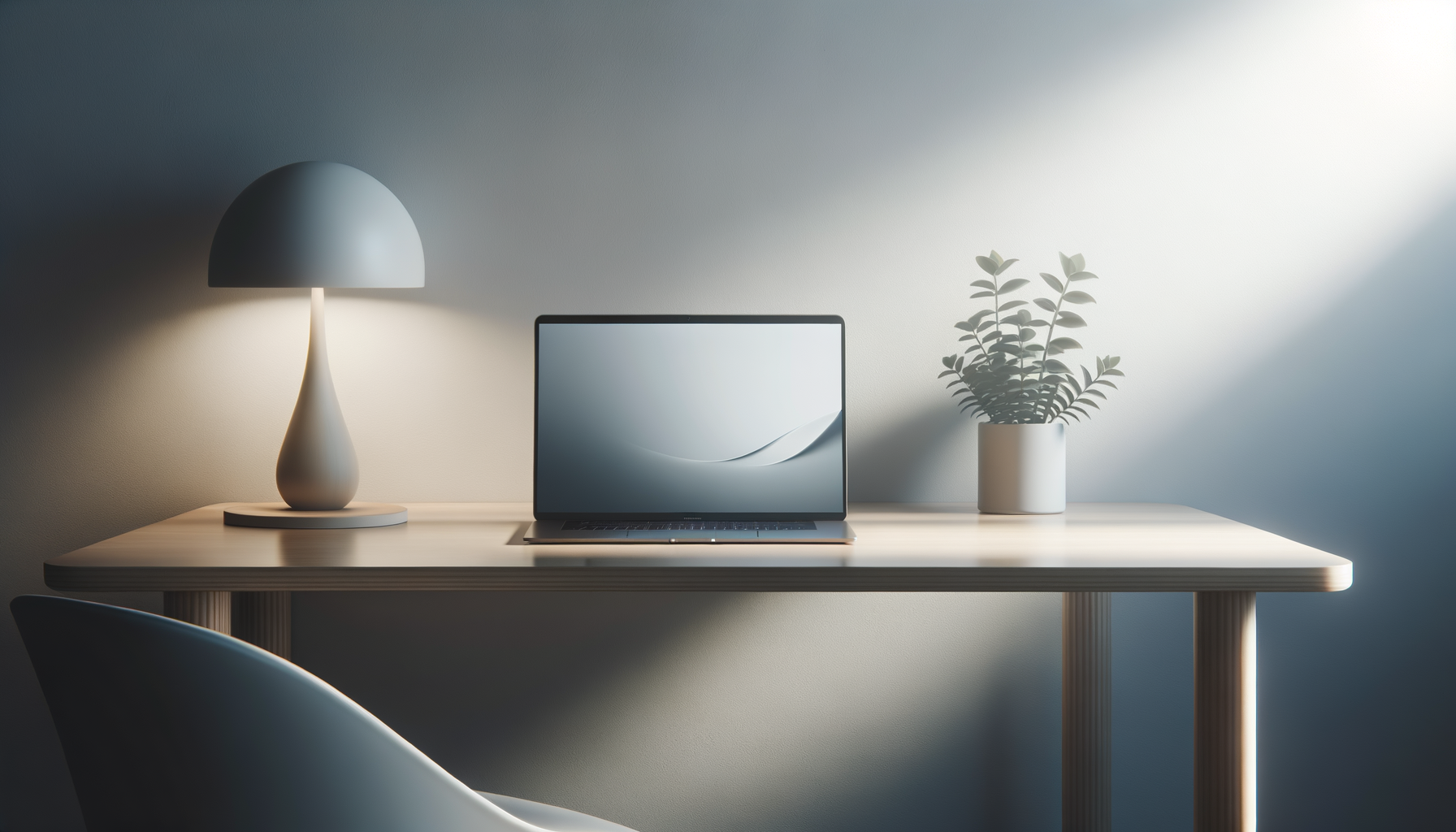 Minimalist workspace with a wooden desk, a closed laptop, a modern table lamp, and a potted plant, illuminated by soft natural light.