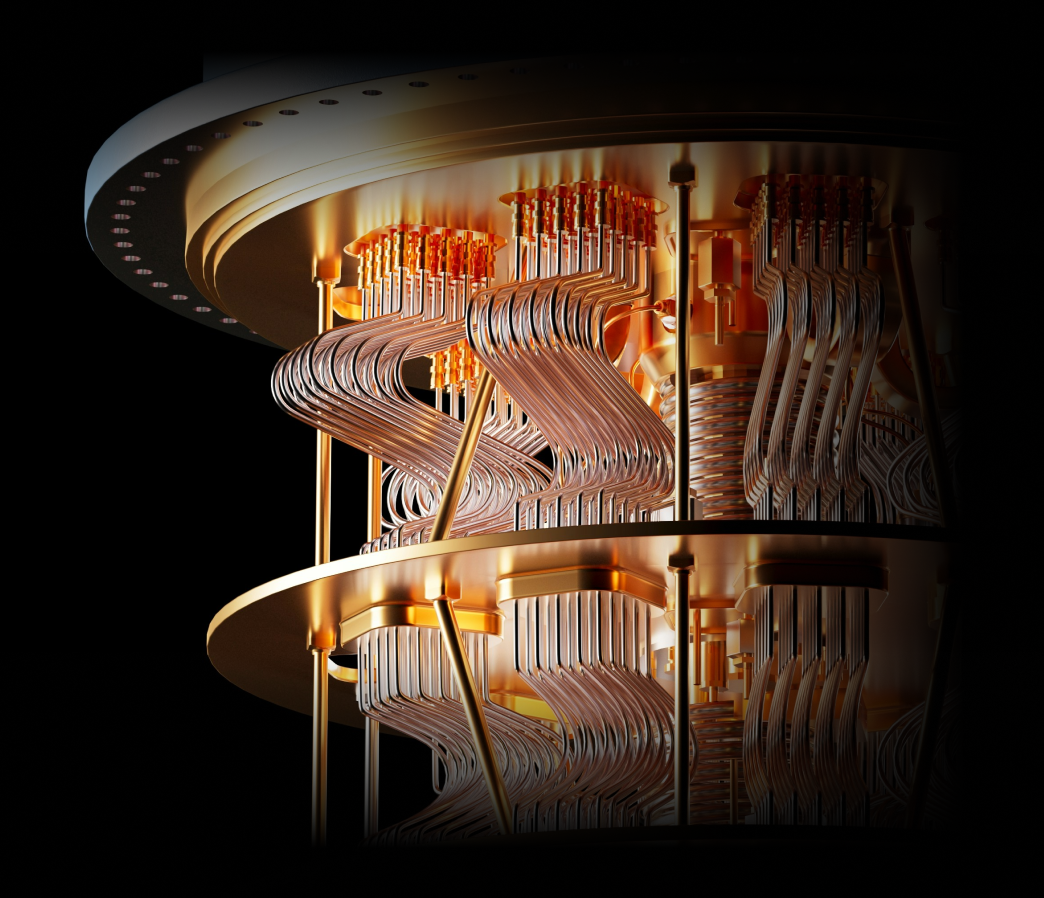 Close-up of a quantum computer with intricate copper-colored circuits and wiring inside a protective casing.