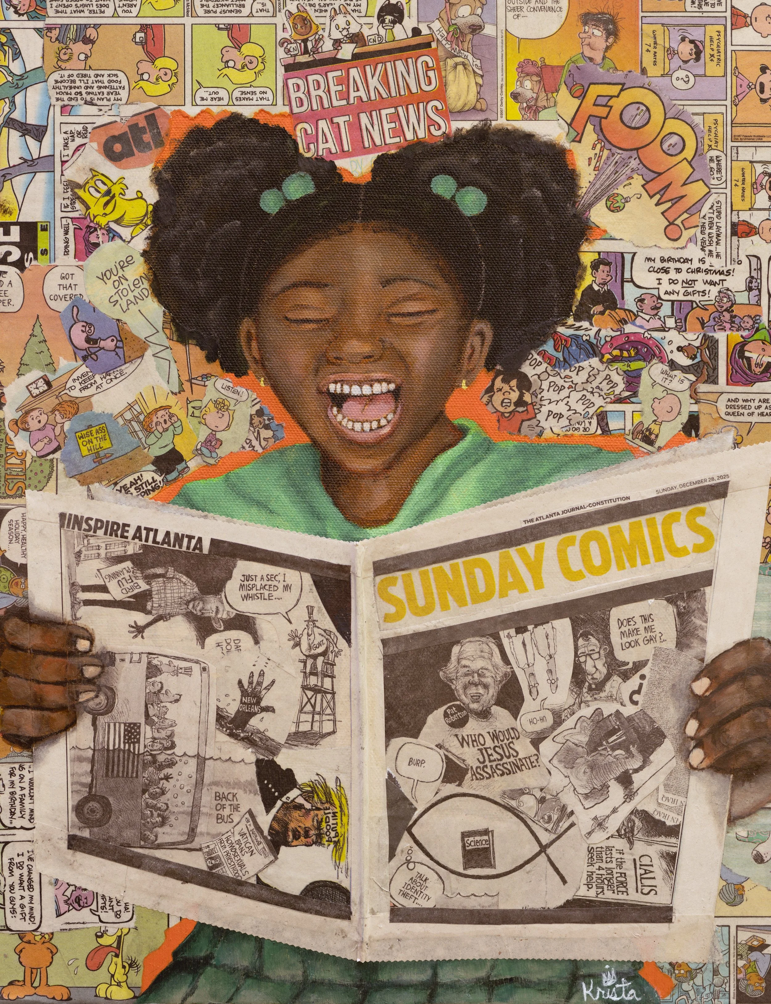 A collage of comic book pages with a cutout of a young girl laughing and smiling in the center. The background features various cartoon characters and comic story snippets, including headlines like 'Breaking Cat News' and 'Foom!'