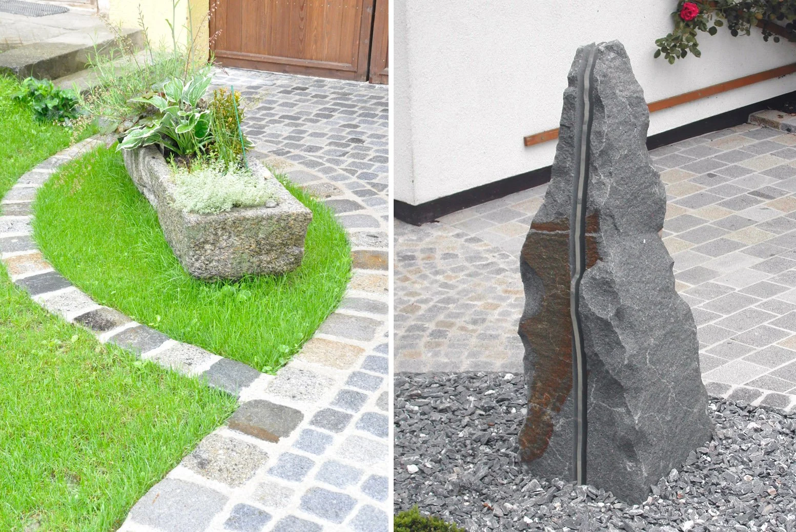 Auf der linken Seite befindet sich eine Gartenbank aus Stein mit Pflanzen darauf, umgeben von grünem Rasen und einer Pflastersteinweg. Auf der rechten Seite steht ein stehender, roher Fels mit sichtbarer Metallschiene in der Mitte, auf dem Zierkies l