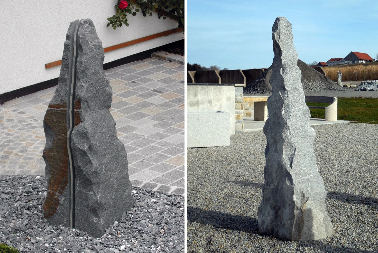 Zwei Fotos von vertikalen Naturstein-Skulpturen im Freien, eine große und rauhe mit unregelmäßigen Oberflächen, die andere kleiner und mit einer glatten Seite, umgeben von Steinhaufen und Bauwerken.