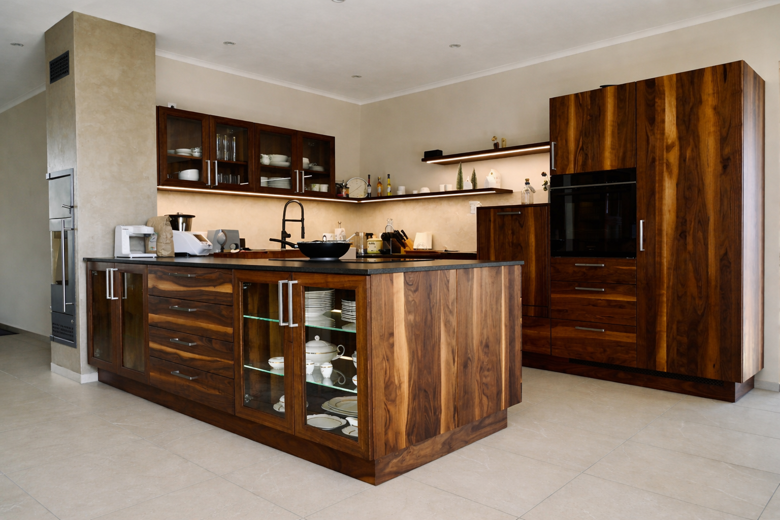 Moderne Küche mit dunklem Holzinterieur, offene Regal mit Geschirr, Arbeitsfläche mit Küchenutensilien, und eingebautem Backofen.