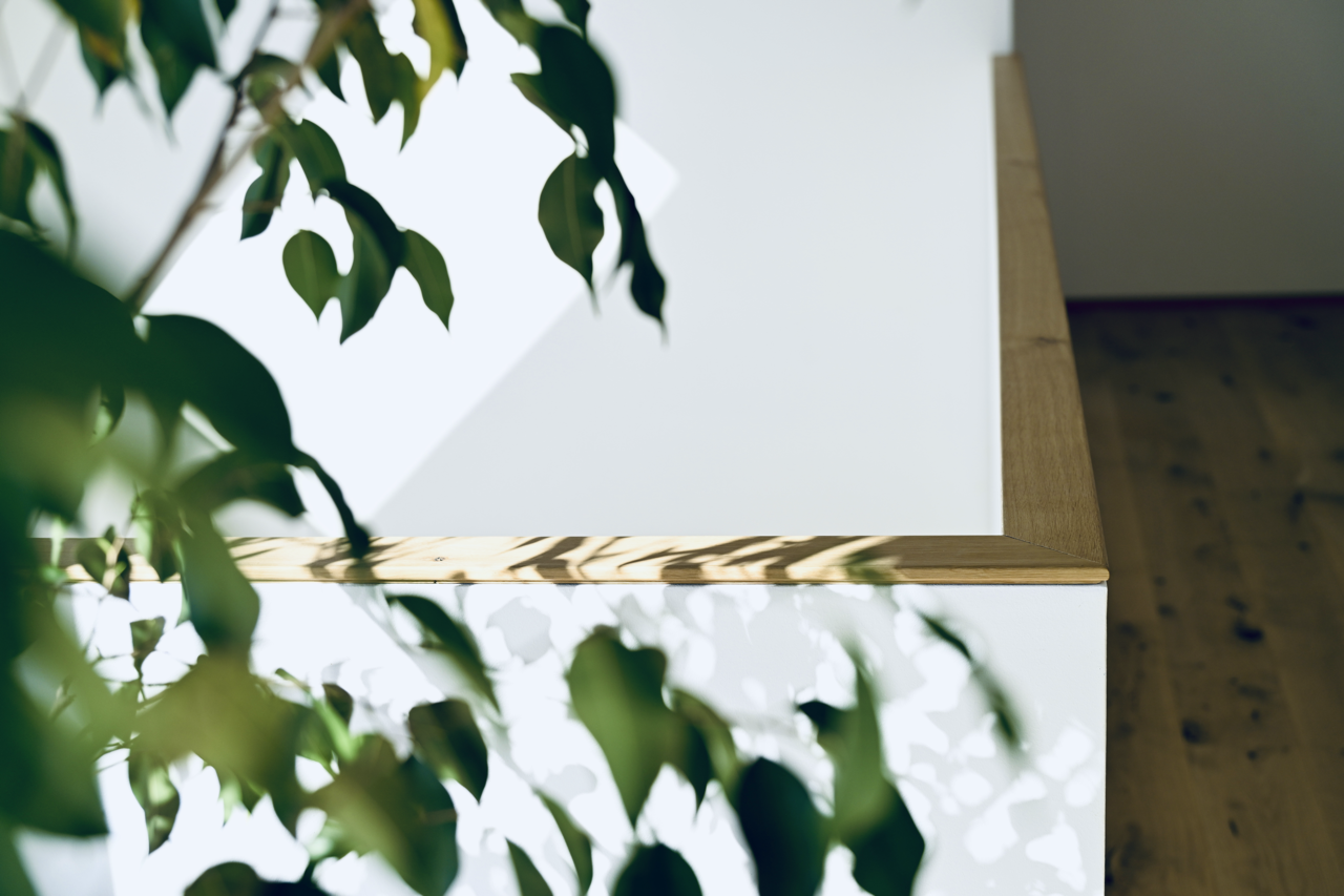 Nahaufnahme einer Brüstung mit Holzrahmen, durch den Licht und Schatten von Blättern fallen.