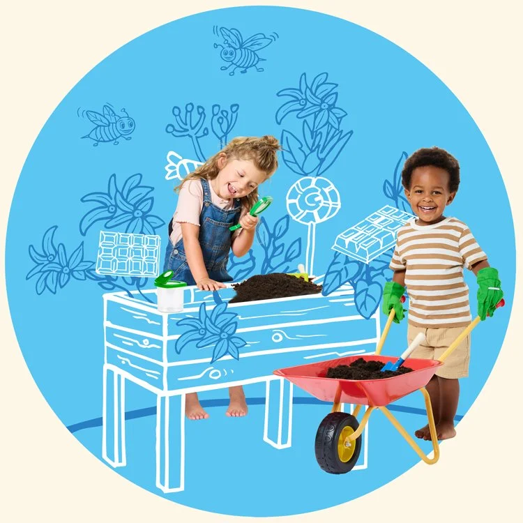 Zwei Kinder spielen in einer fantasievollen Gartenumgebung, die digital gezeichnet ist, mit Gartengeräten, Erde und Pflanzen.