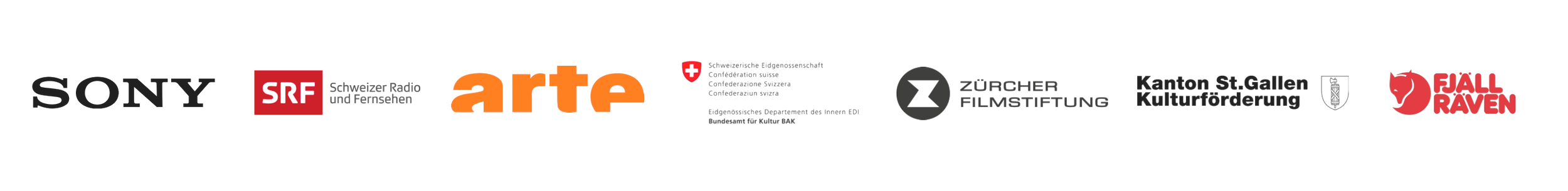 Logos verschiedener Organisationen und Unternehmen, darunter Sony, SRF, arte, Schweizer Bundesbehörde, Zürcher Filmstiftung, Kanton St. Gallen Kulturförderung und Fjällräven.