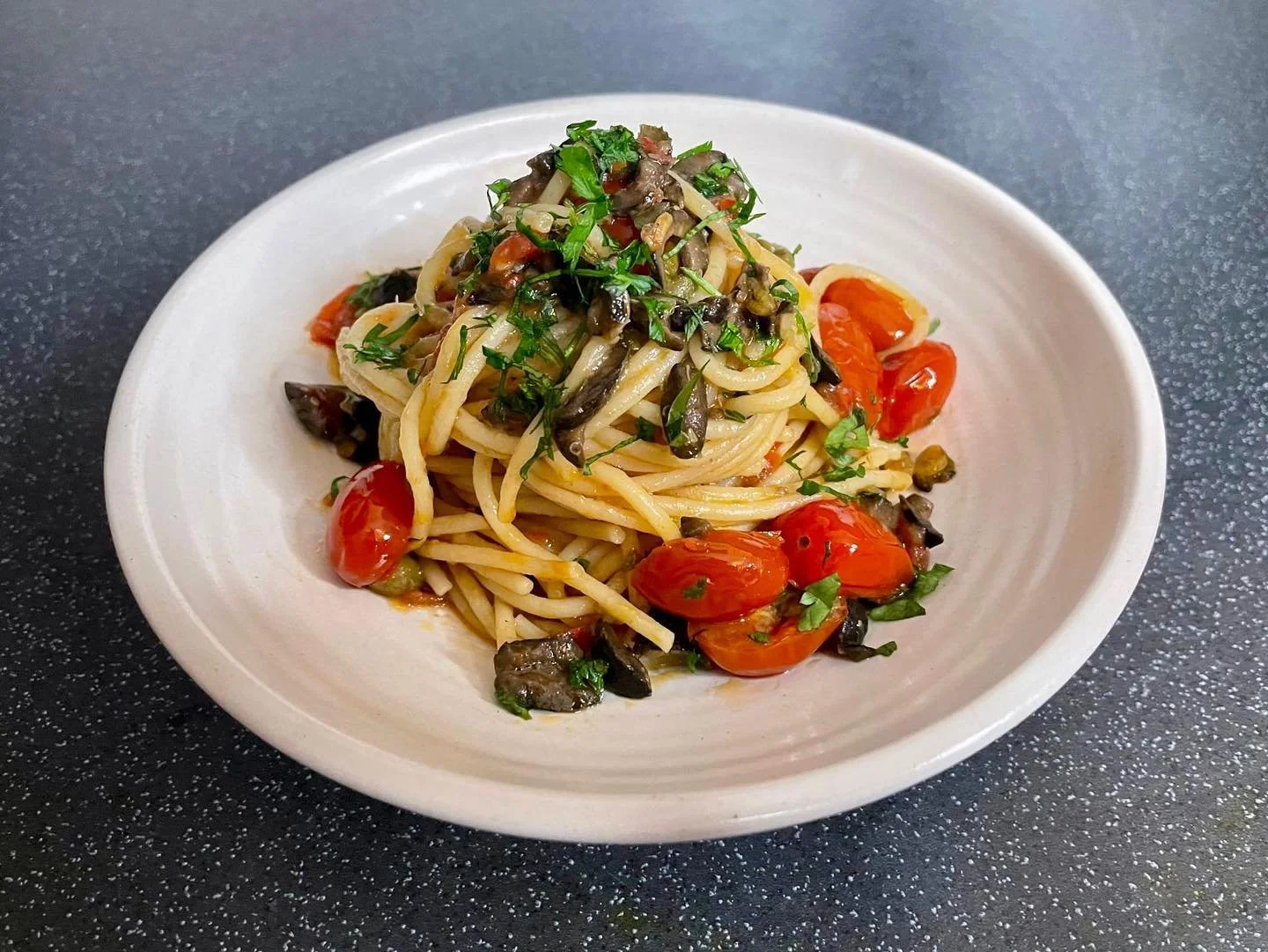 Spaghetti puttanesca 🍝
.
.
.
#Pasta #tomatoes #blackolives #anchovies #capers #oliveoil #chilli #garlic #parsley #maincourse #spicy #potent #easy #affordable #delicious  #yummy #tasty #chef #bristol #cook #food #foodie #lovefood #delicious #instafoo