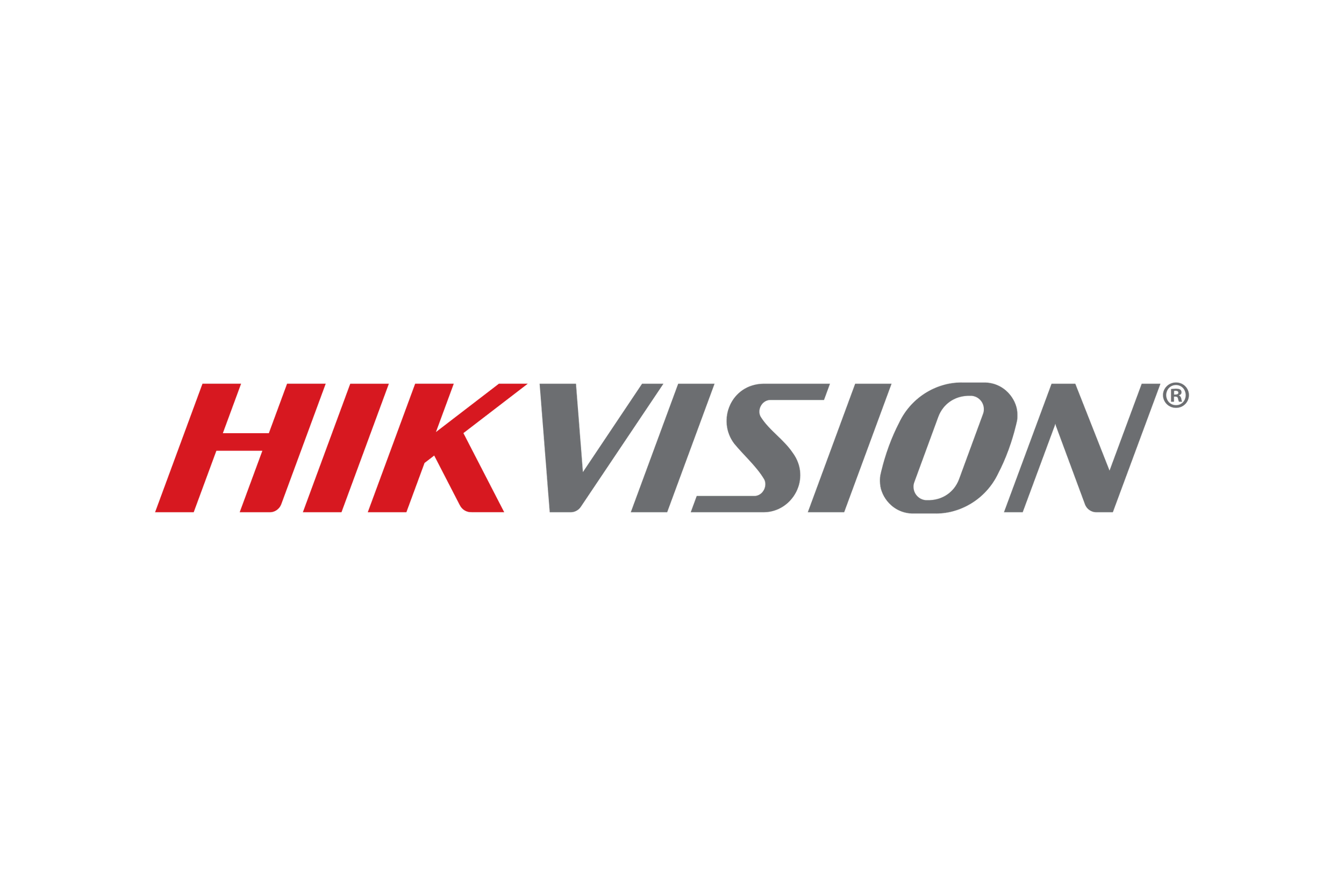 Logo de Hikvision en noir avec le nom en rouge et gris.