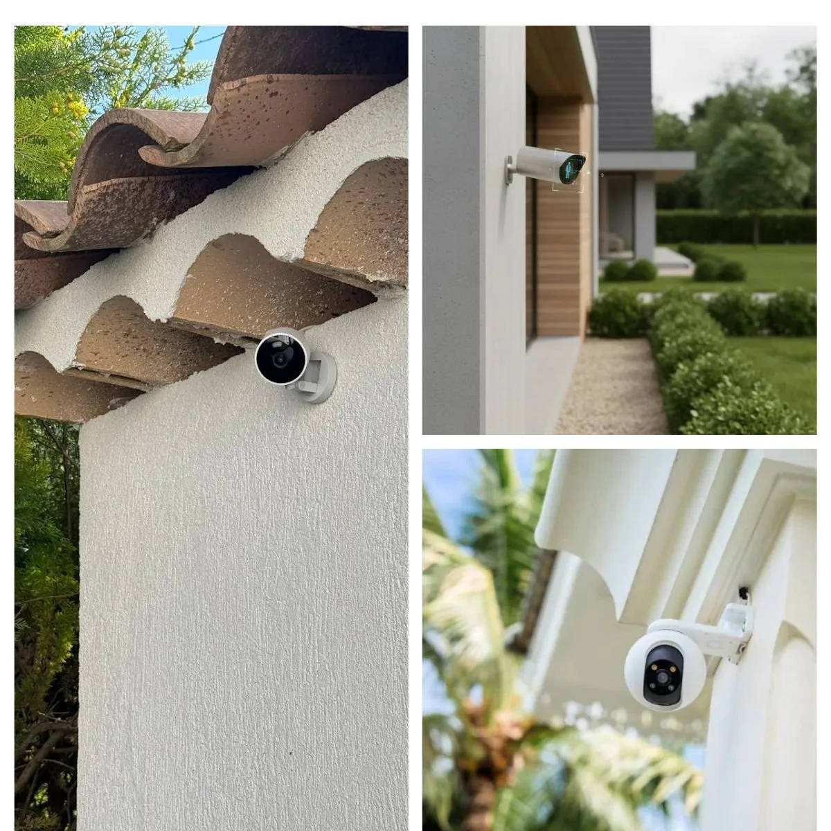 Caméras de sécurité installées à l'extérieur de différentes maisons pour la surveillance.