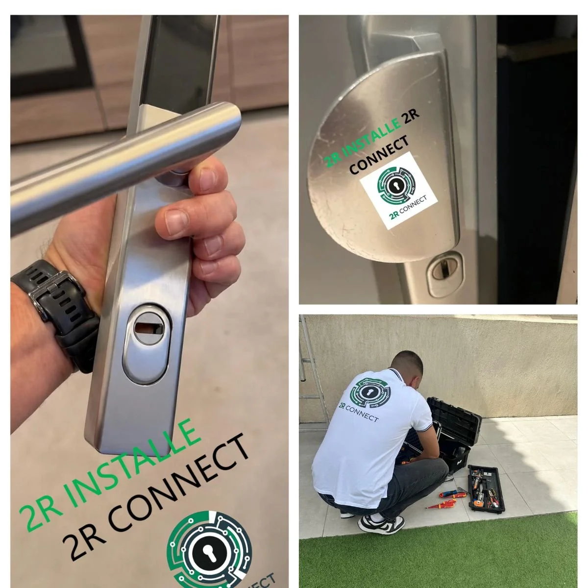 Un homme effectue l'installation de dispositifs de sécurité à l'aide d'outils, avec des panneaux indiquant '2R INSTALL 2R CONNECT' et un logo de sécurité électronique.