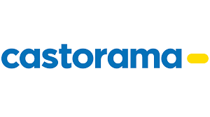 Logo de Castorama en bleu avec une touche jaune.