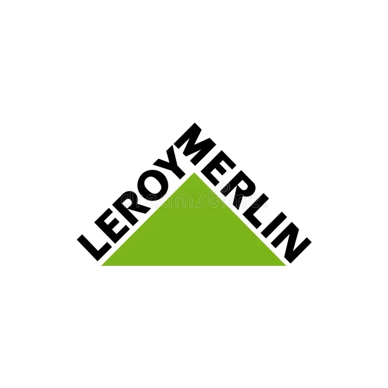 Logo de Leroy Merlin avec un triangle vert et le nom de la marque en diagonale.