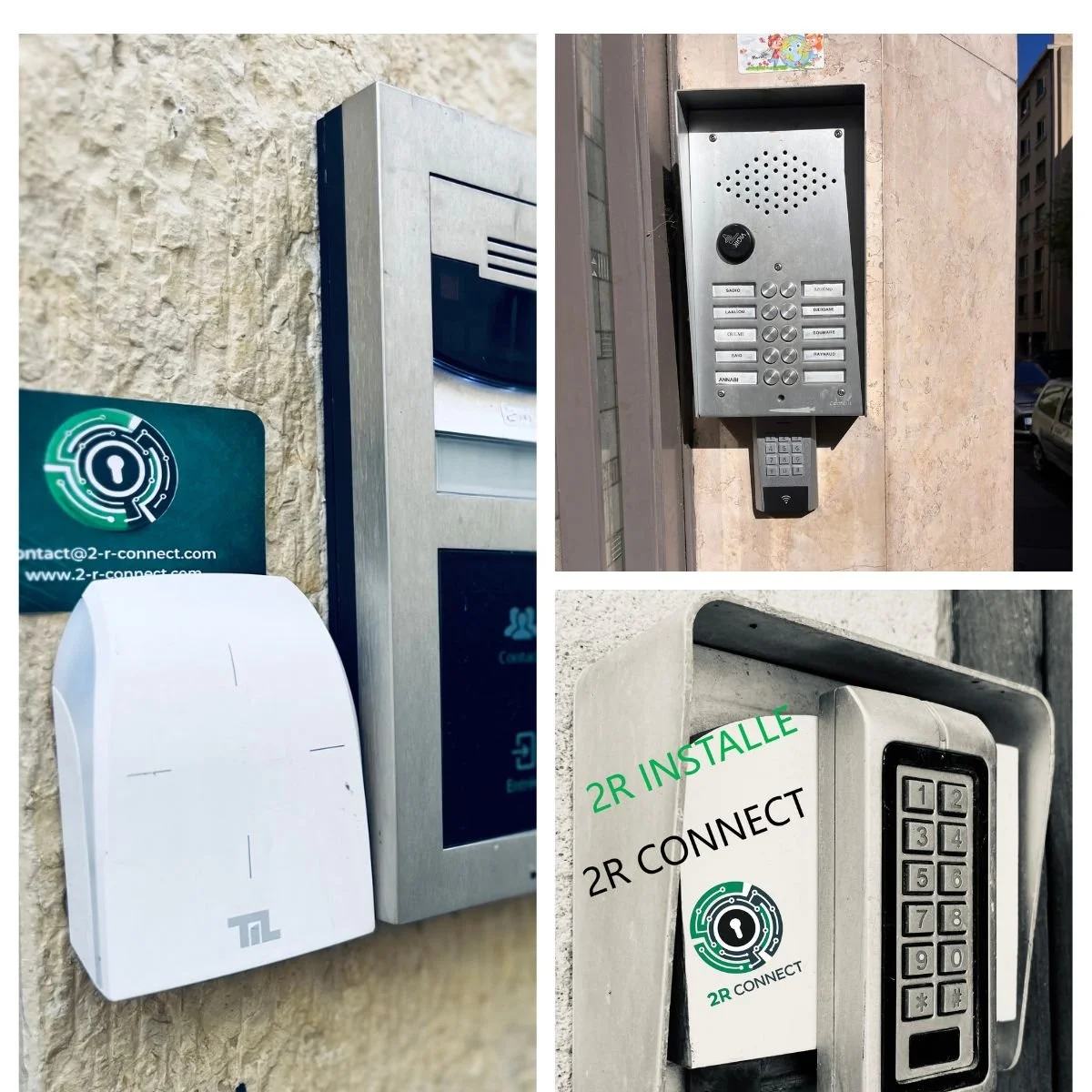 Différents interphones et dispositifs de sécurité pour l'entrée dans un immeuble ou une propriété, y compris un clavier à code, un interphone vidéo et un lecteur de badge, affichant le logo 2R Connect.